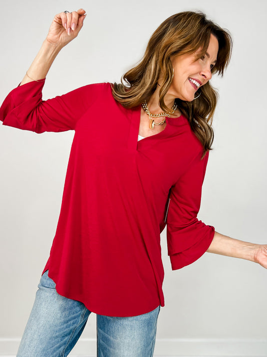 Solid Lizzy 3/4 Bell Sleeve Top in Jewel Red