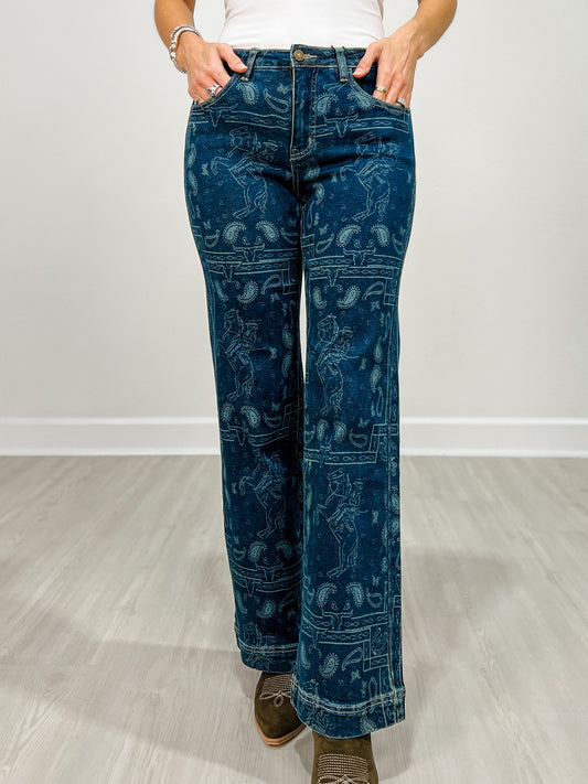 Dark Wash High Rise Western Printed Bootcut Jeans