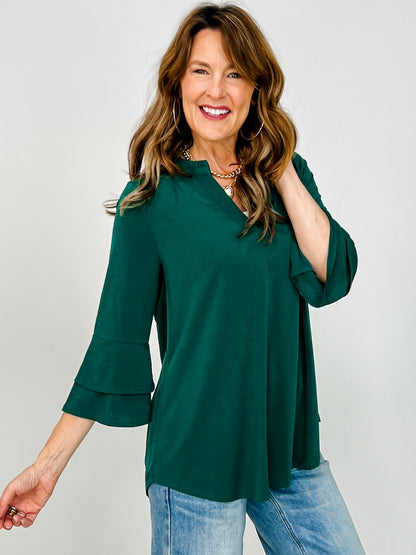 Solid Lizzy 3/4 Bell Sleeve Top in Jewel Green