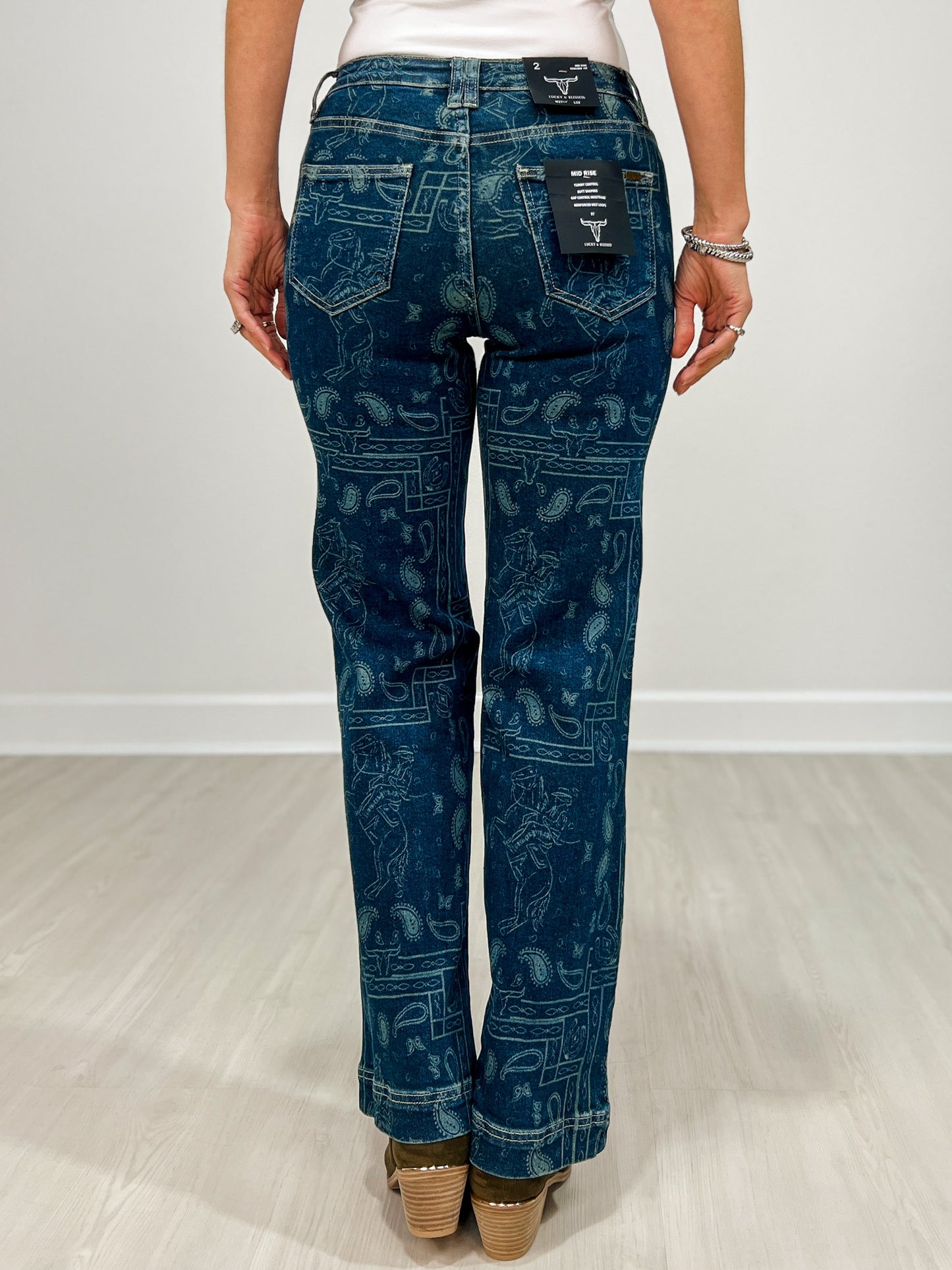Dark Wash High Rise Western Printed Bootcut Jeans