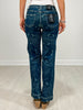 Dark Wash High Rise Western Printed Bootcut Jeans