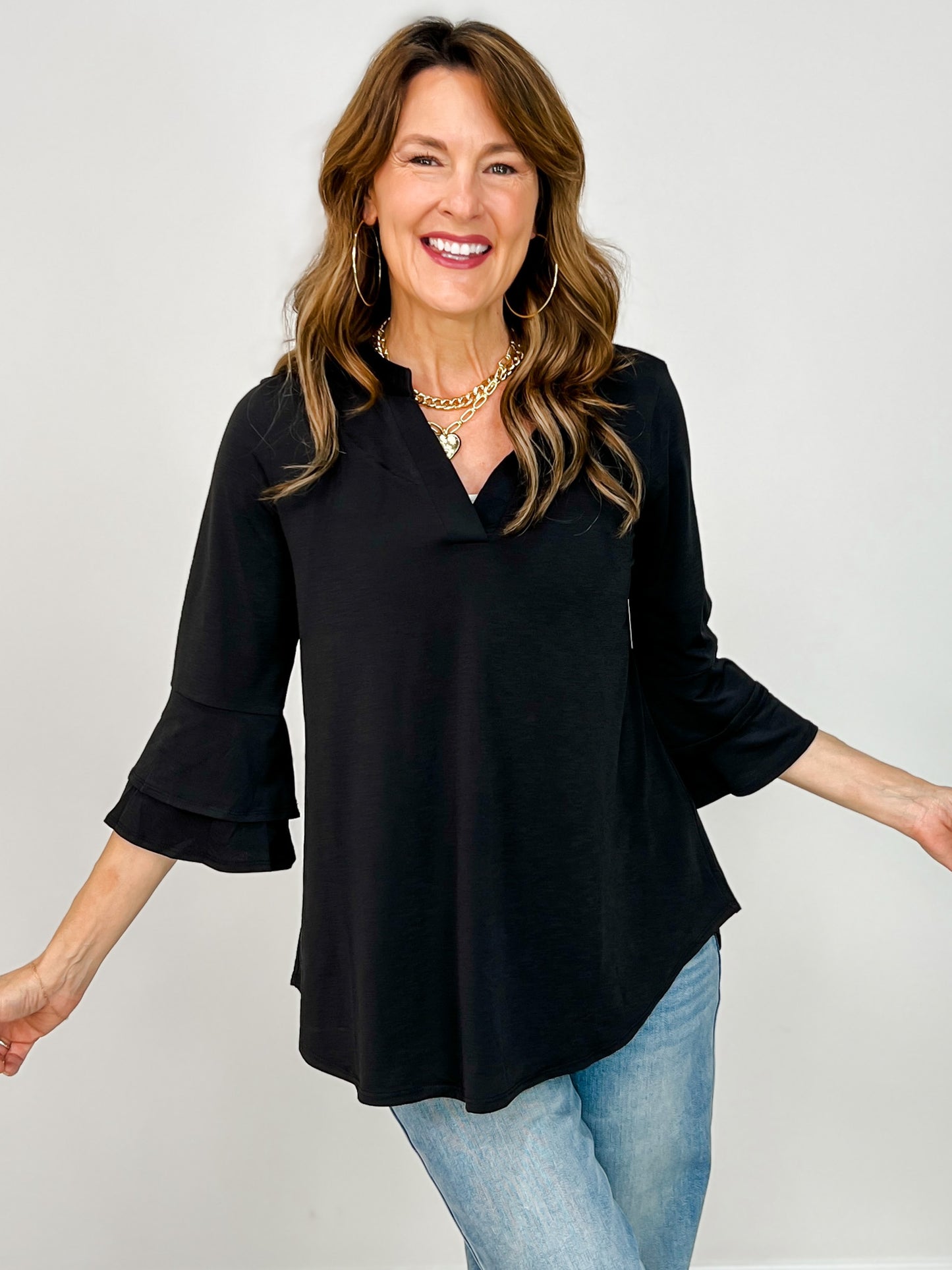 Solid Lizzy 3/4 Bell Sleeve Top in Black