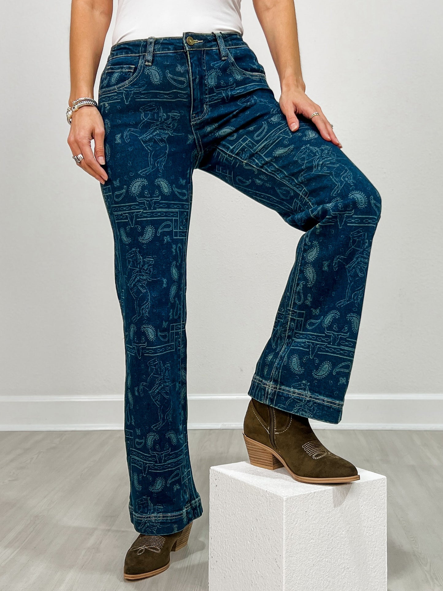 Dark Wash High Rise Western Printed Bootcut Jeans