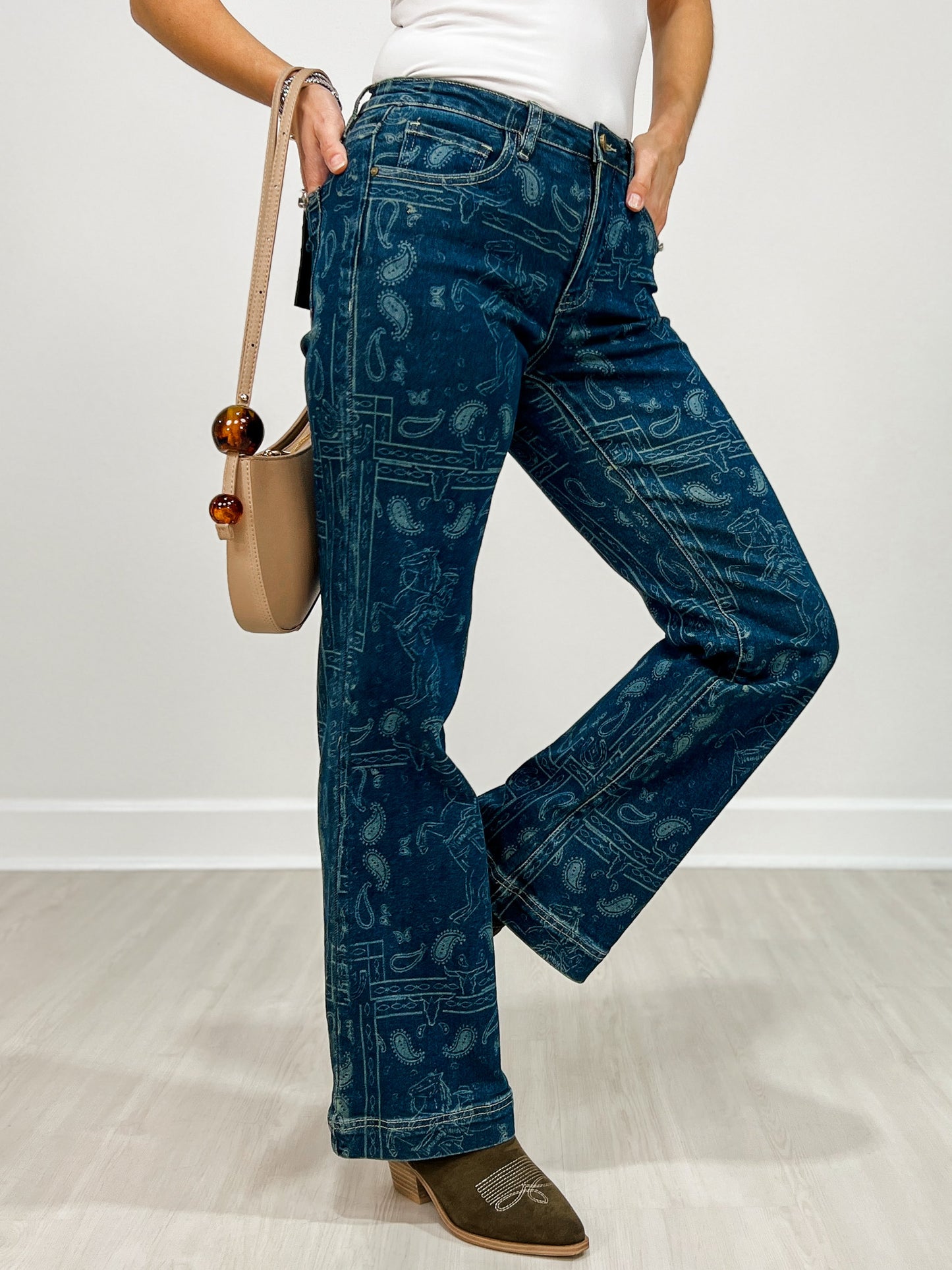 Dark Wash High Rise Western Printed Bootcut Jeans