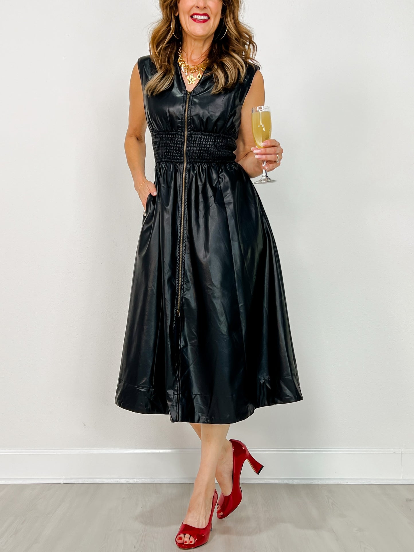 Faux Leather Sleeveless Midi Dress