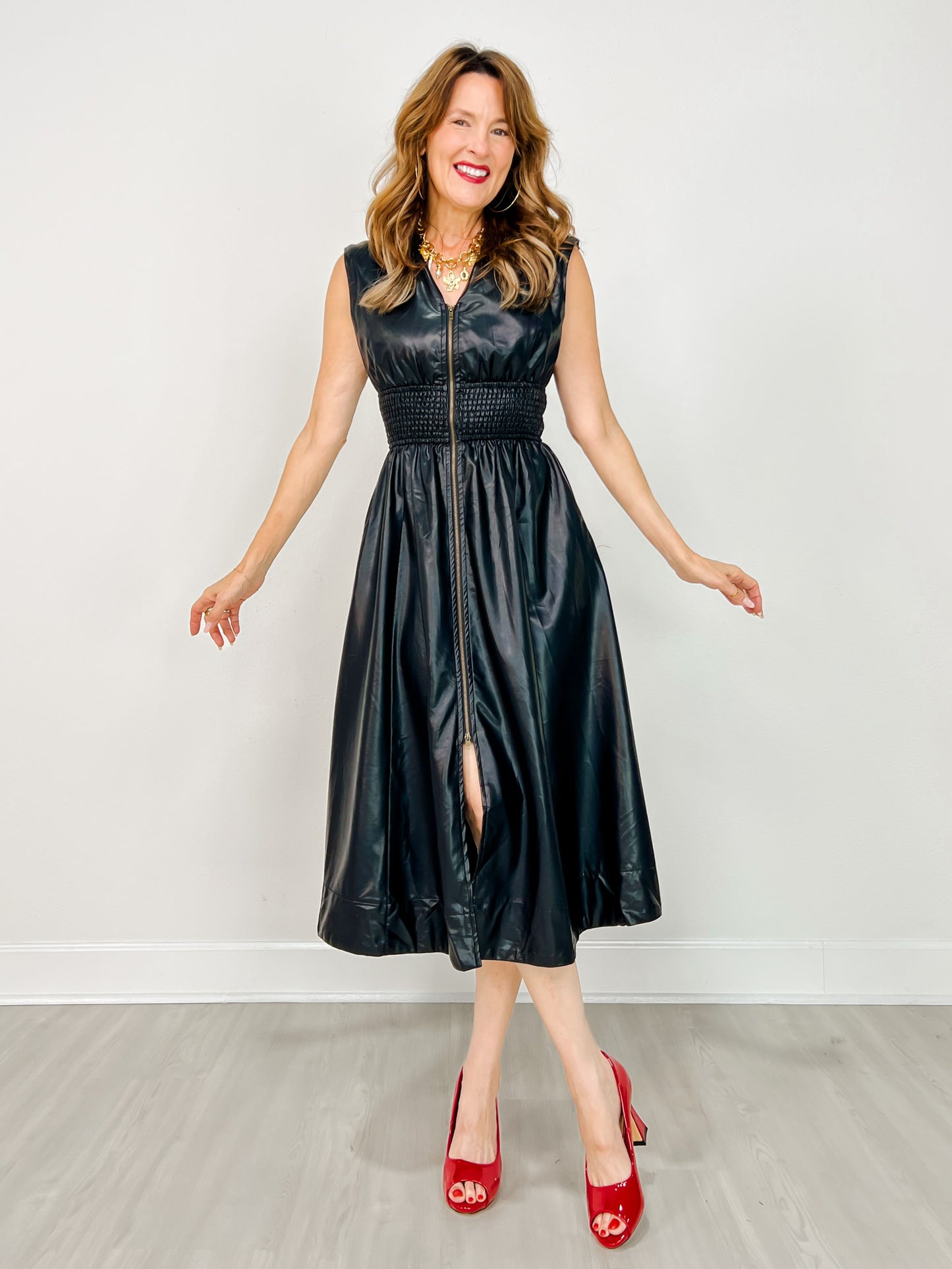 Faux Leather Sleeveless Midi Dress