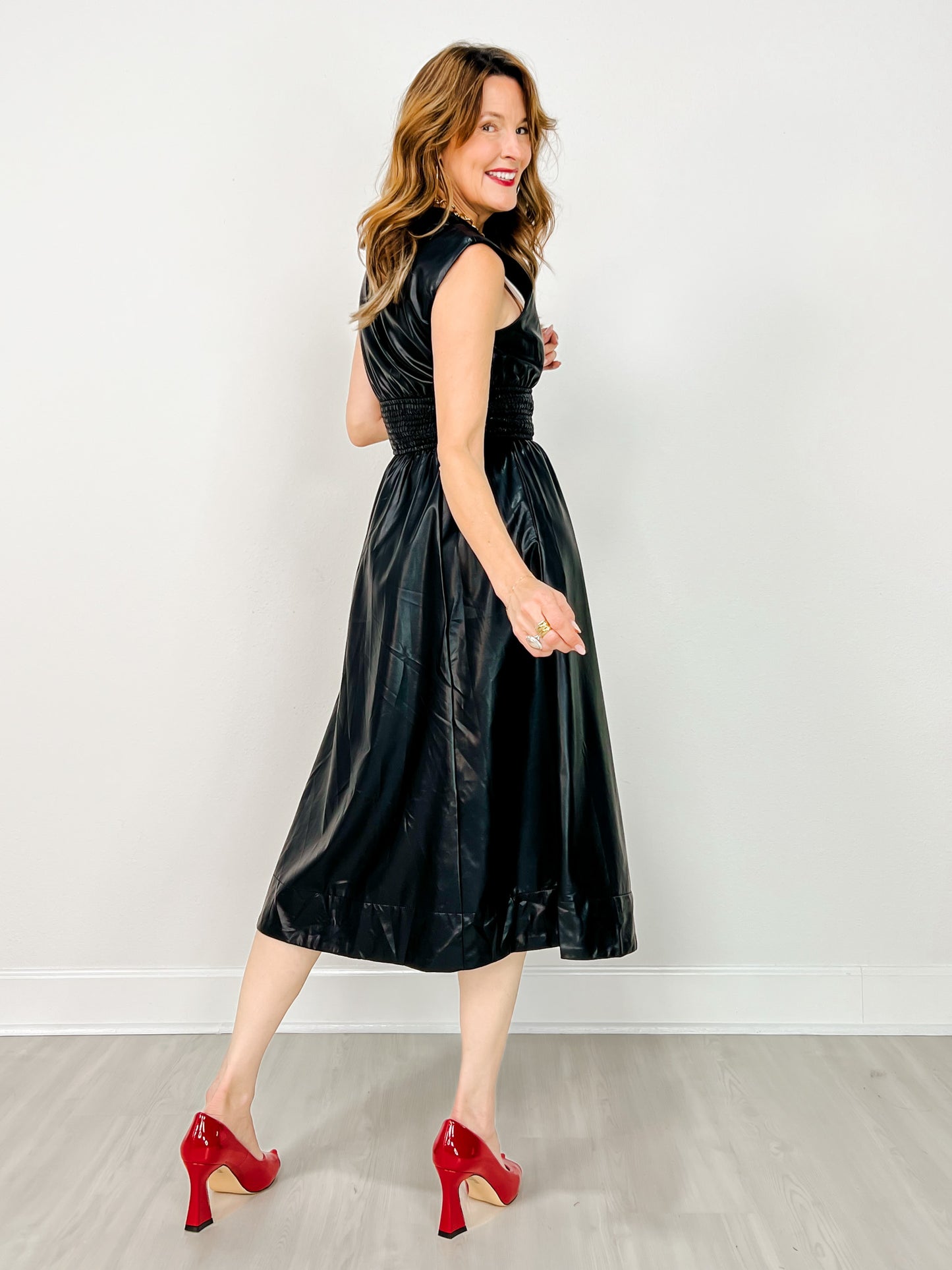 Faux Leather Sleeveless Midi Dress