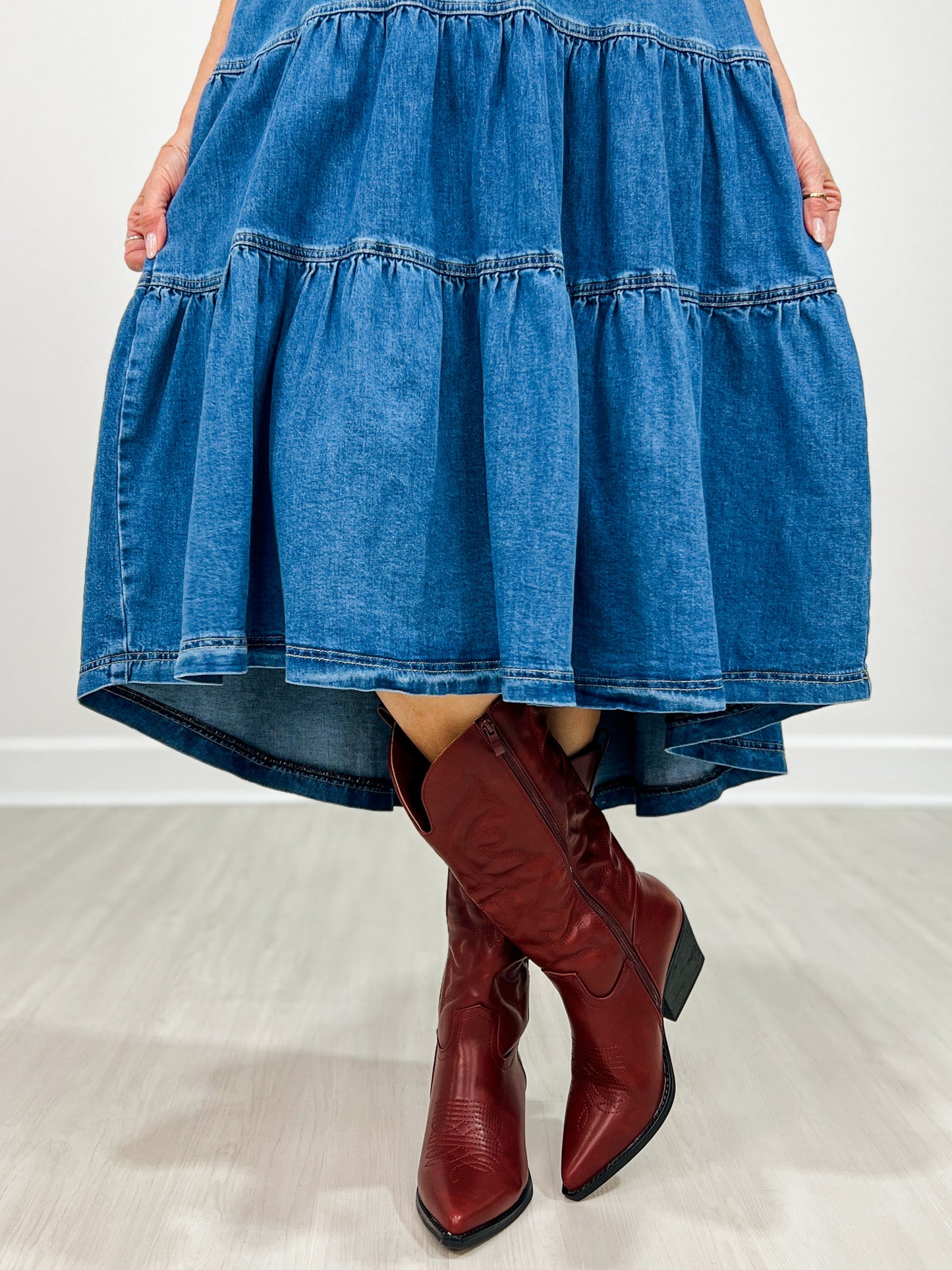 Tiered Denim Maxi Dress with Belt