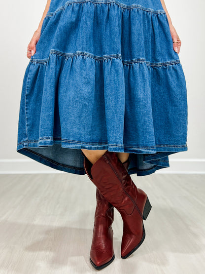 Tiered Denim Maxi Dress with Belt