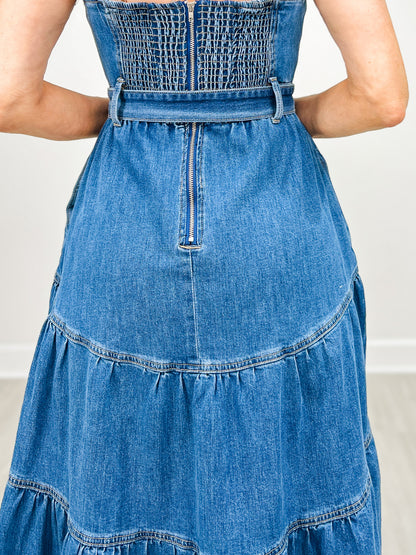 Tiered Denim Maxi Dress with Belt