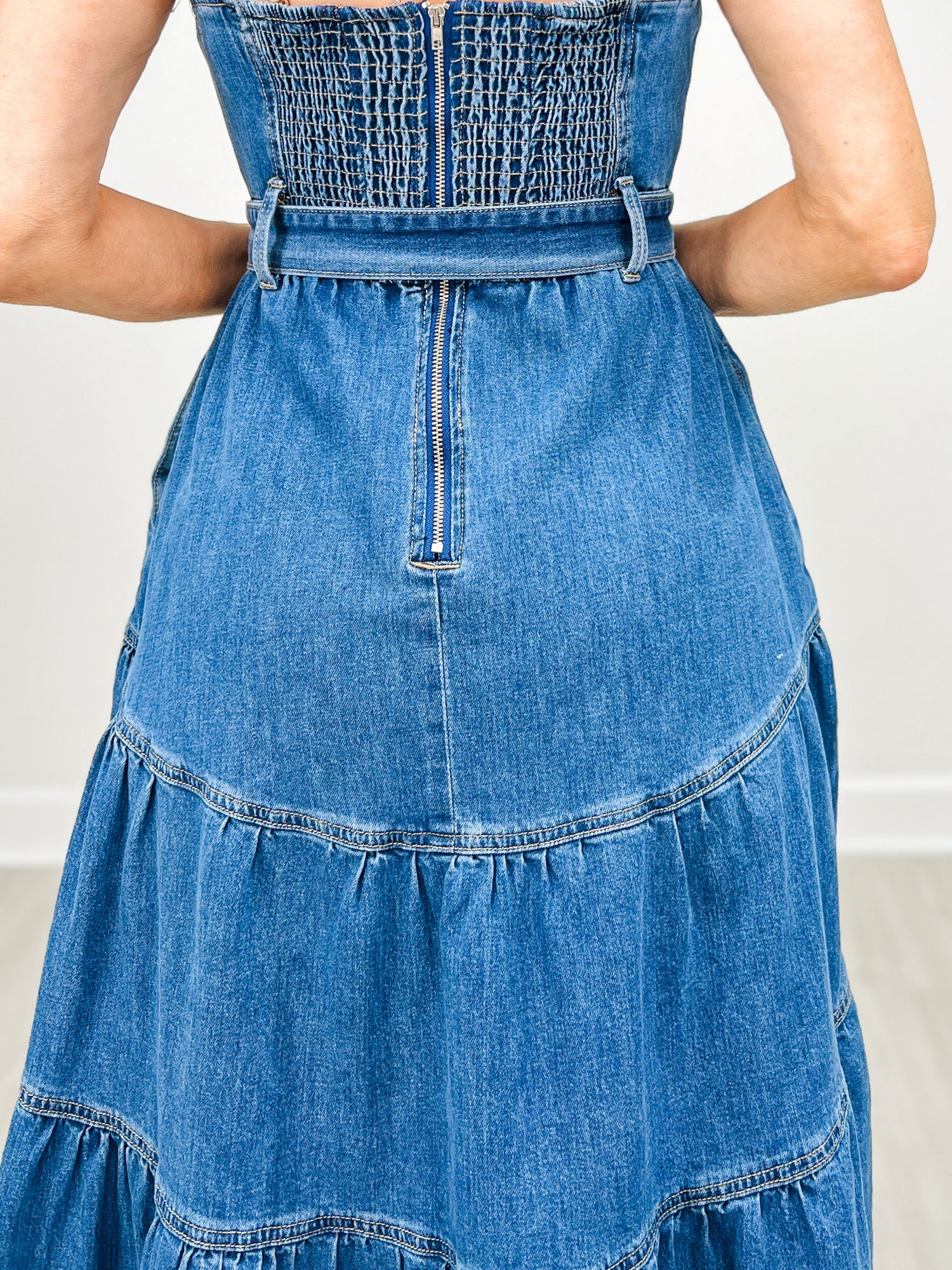 Tiered Denim Maxi Dress with Belt Emma Lou's Boutique Tiered Denim Maxi Dress with Belt Emma Lou's Boutique