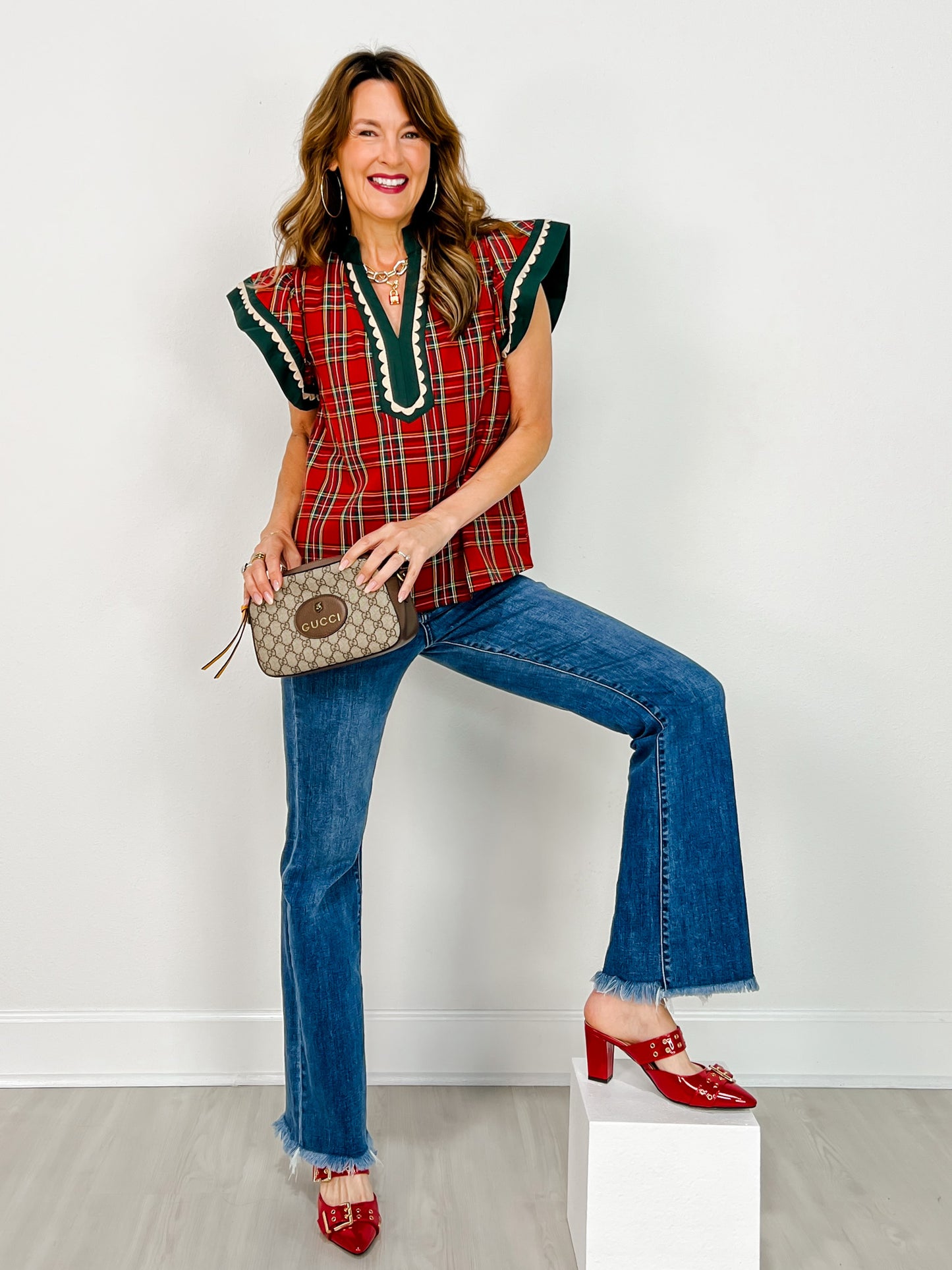 Plaid Scallop Trim Accent Flutter Sleeve Top