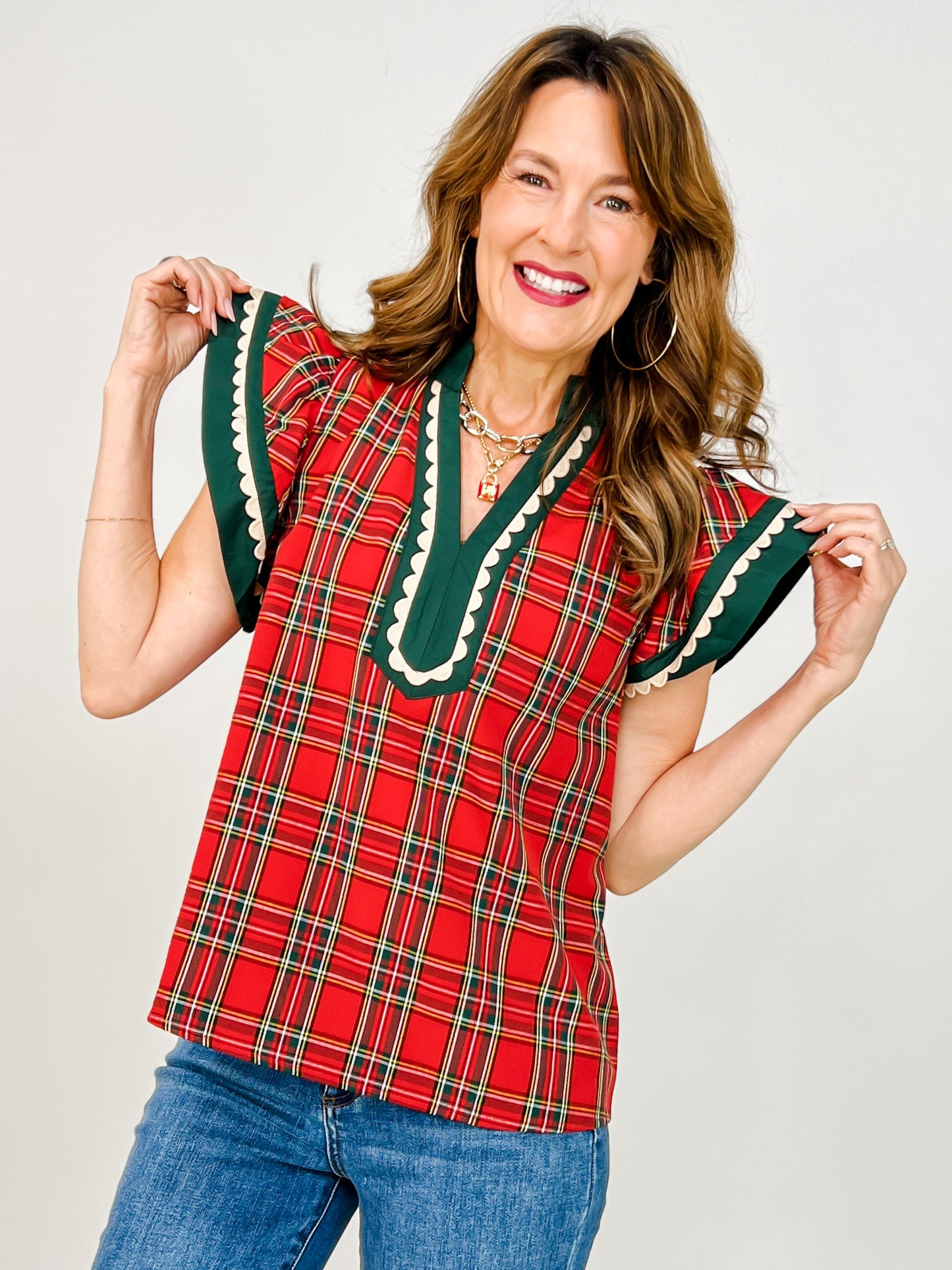 Plaid Scallop Trim Accent Flutter Sleeve Top