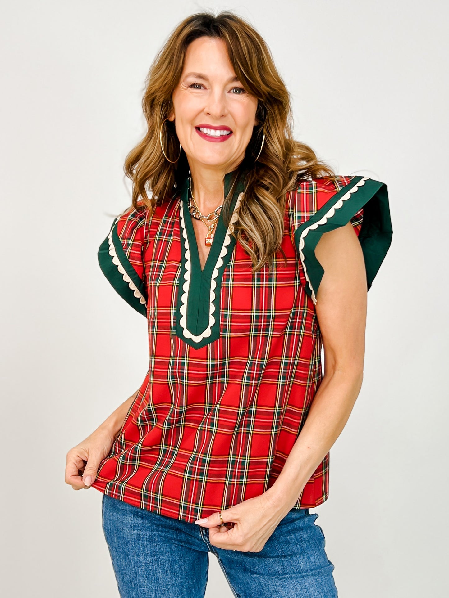 Plaid Scallop Trim Accent Flutter Sleeve Top