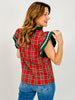 Plaid Scallop Trim Accent Flutter Sleeve Top