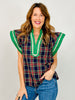 Plaid Scallop Trim Accent Flutter Sleeve Top