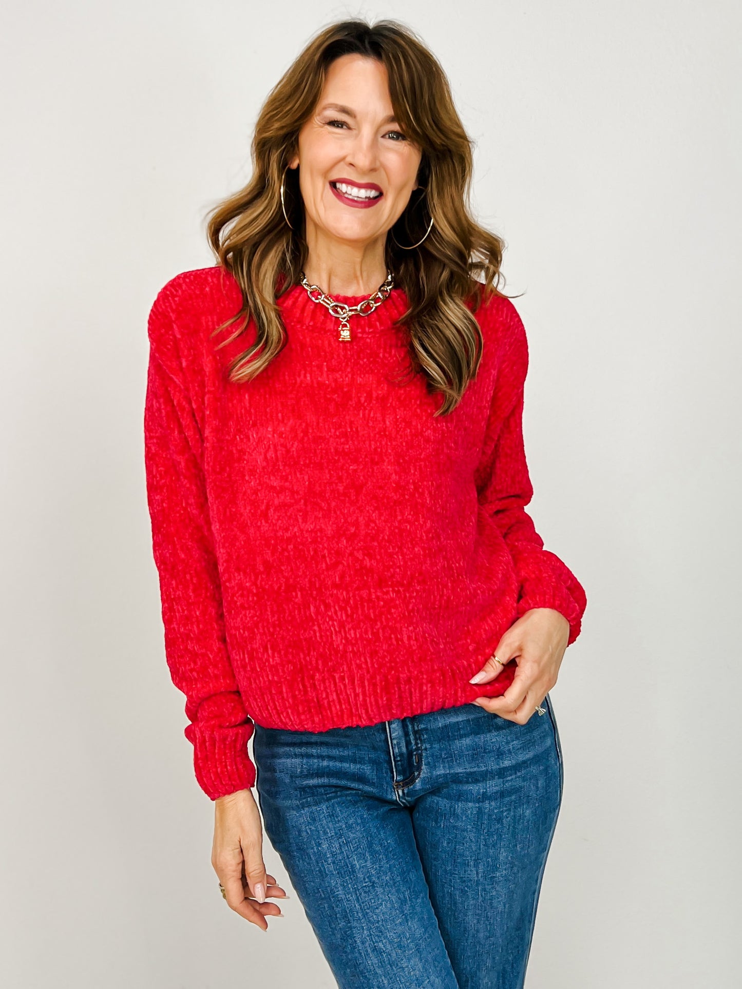 Round Neck Long Sleeve Solid Knit Sweater