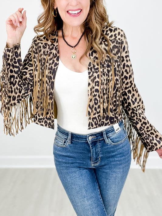 ANIMAL PRINT CROPPED FRINGE JACKET