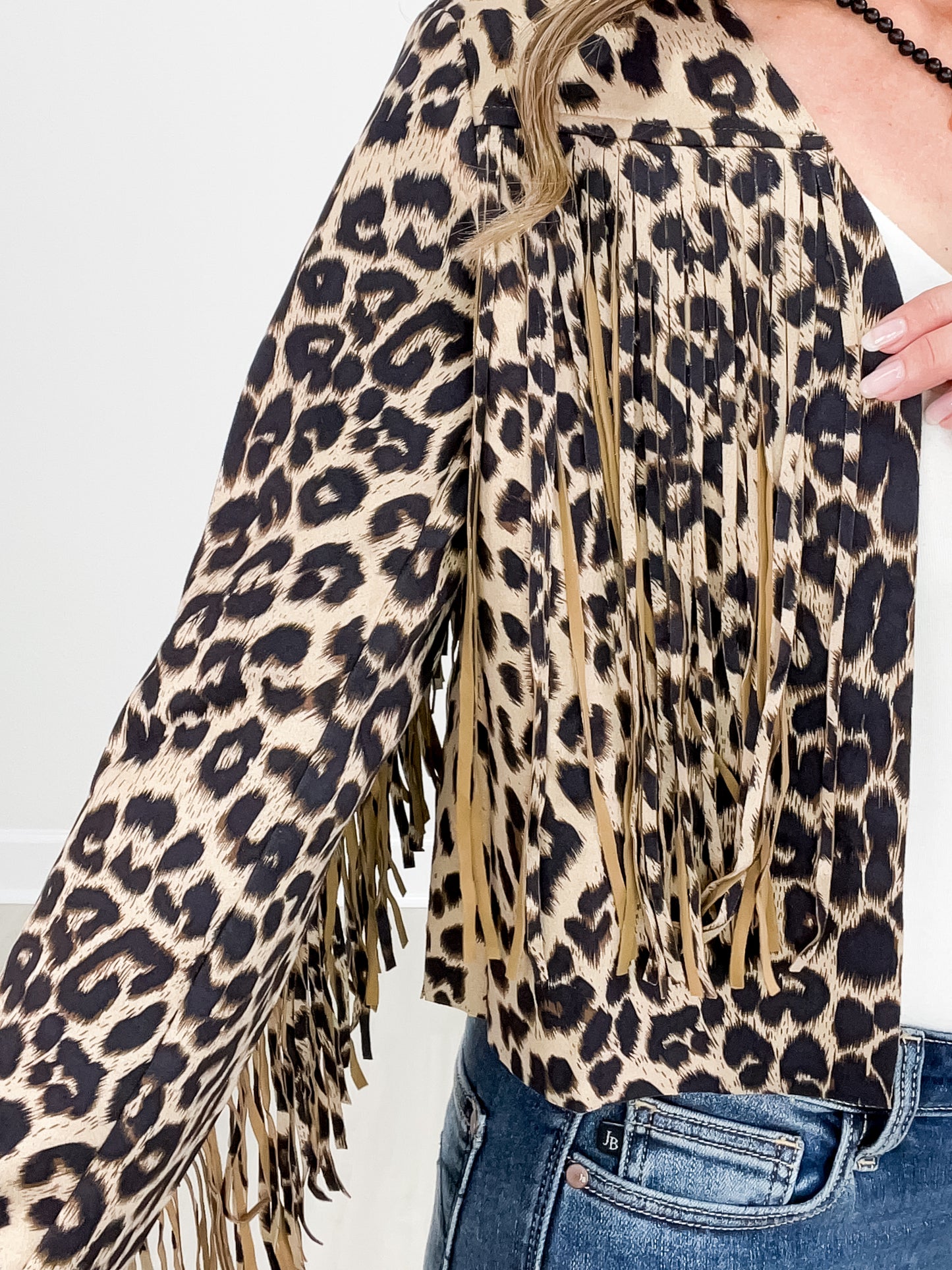 ANIMAL PRINT CROPPED FRINGE JACKET