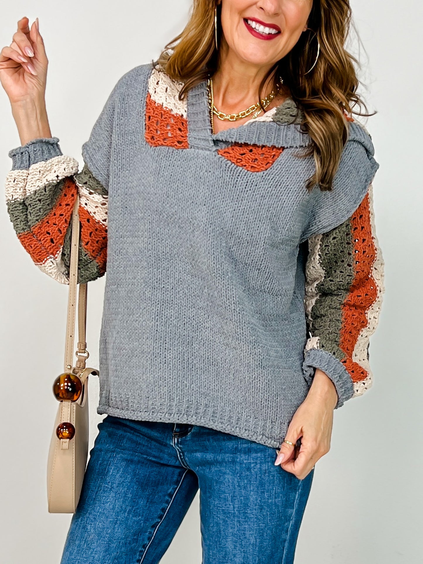 Hooded Stripe Crochet Detailed Sweater
