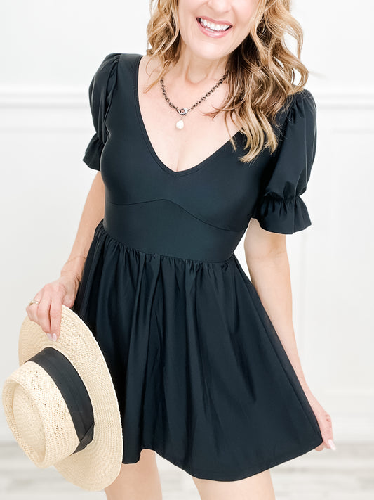 Short sleeve solid knit swim dress with a V-neck