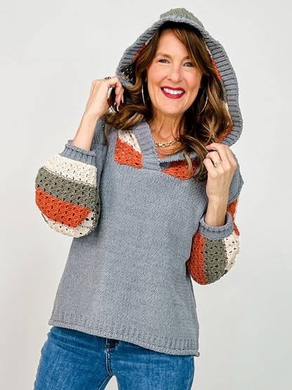 Hooded Stripe Crochet Detailed Sweater