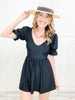 Short sleeve solid knit swim dress with a V-neck