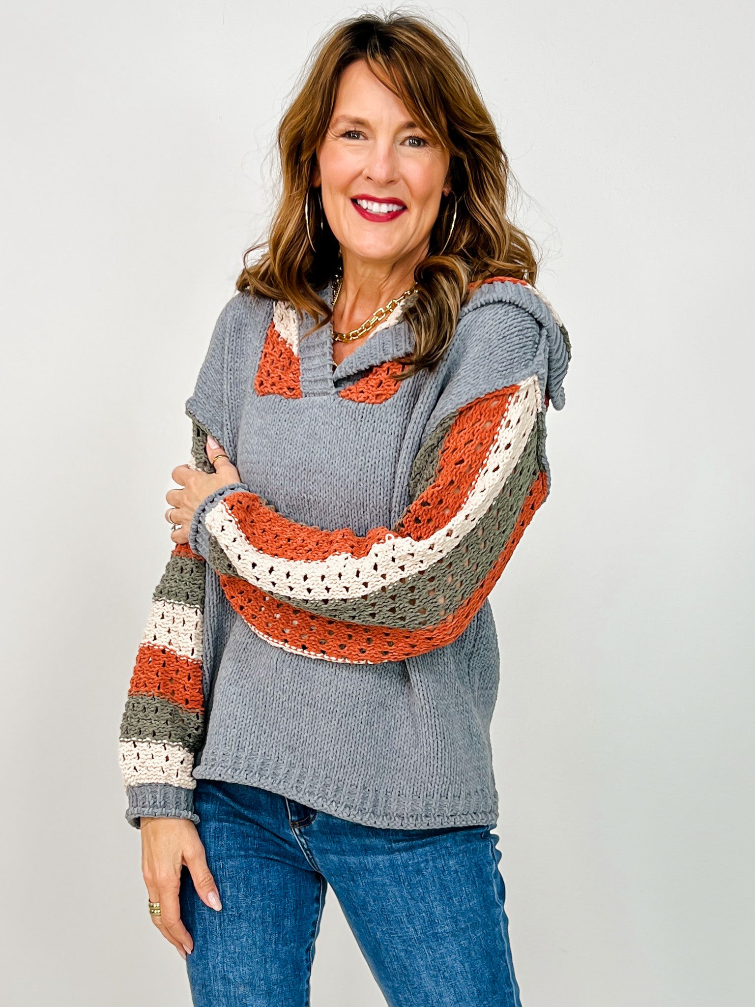 Hooded Stripe Crochet Detailed Sweater