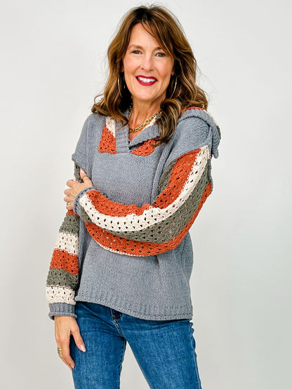 Hooded Stripe Crochet Detailed Sweater