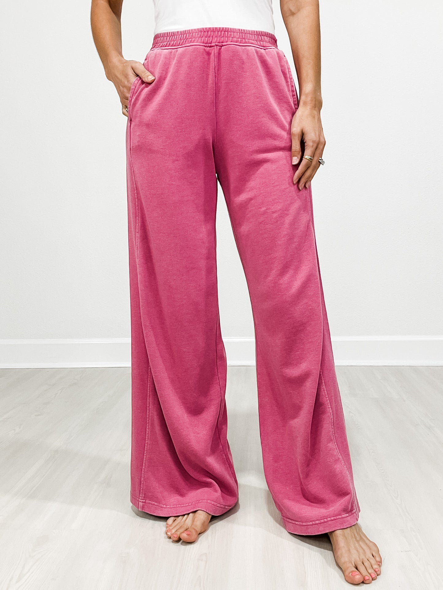 Elastic Waist Mineral Wash Wide Leg Pants with Side Pockets