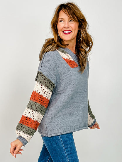 Hooded Stripe Crochet Detailed Sweater