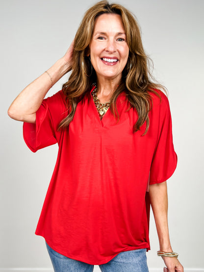 Flared Sleeve Lizzy Breeze Top with Mandarin Collar in Red