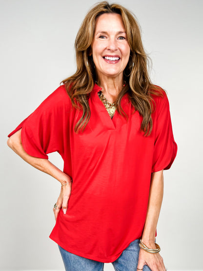 Flared Sleeve Lizzy Breeze Top with Mandarin Collar in Red