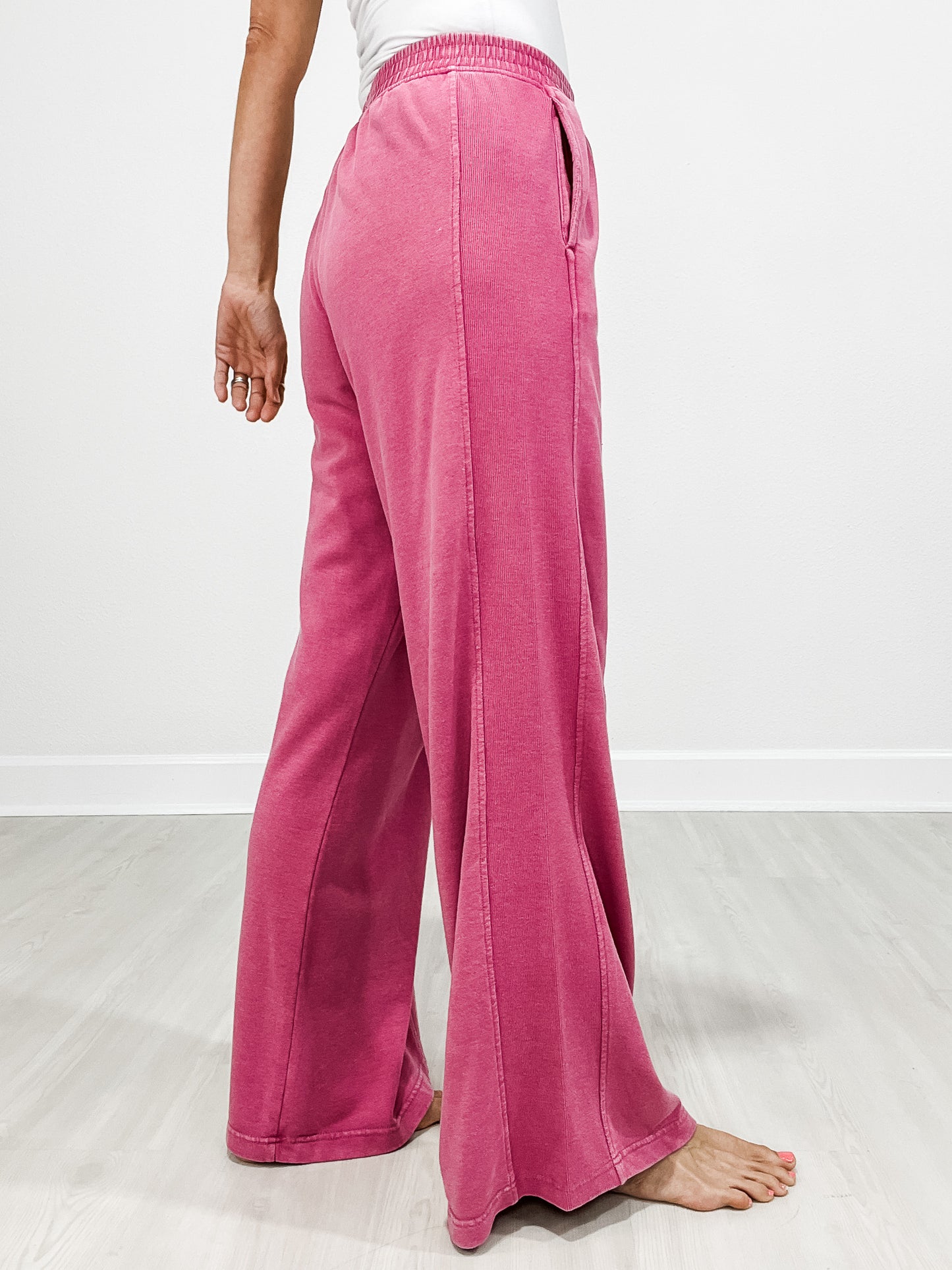 Elastic Waist Mineral Wash Wide Leg Pants with Side Pockets