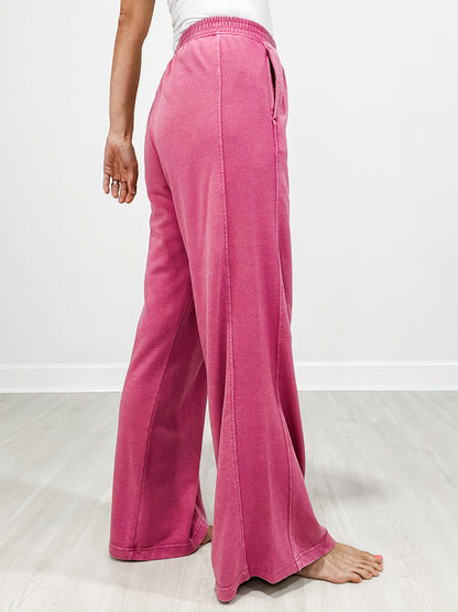 Elastic Waist Mineral Wash Wide Leg Pants with Side Pockets