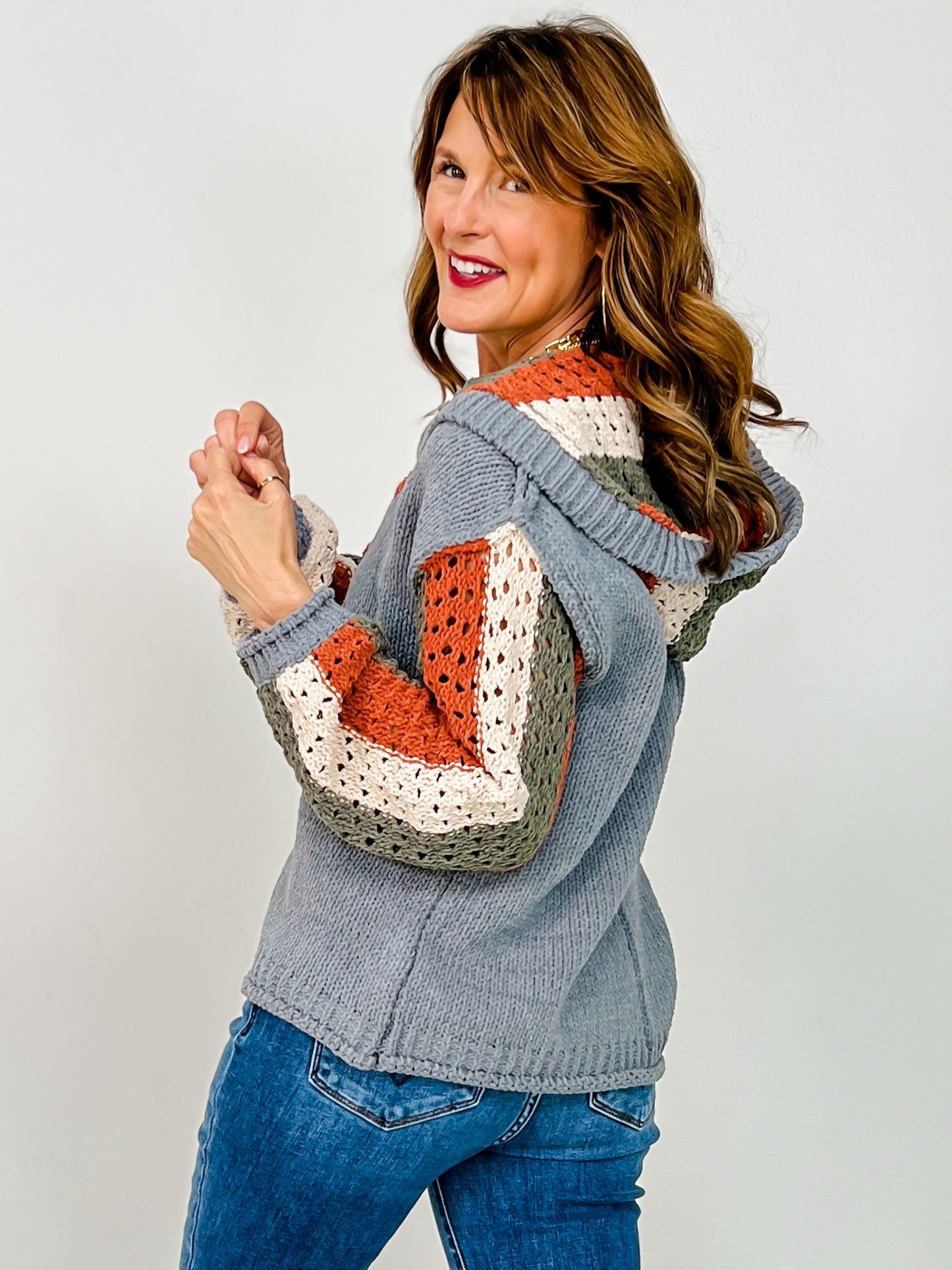 Hooded Stripe Crochet Detailed Sweater