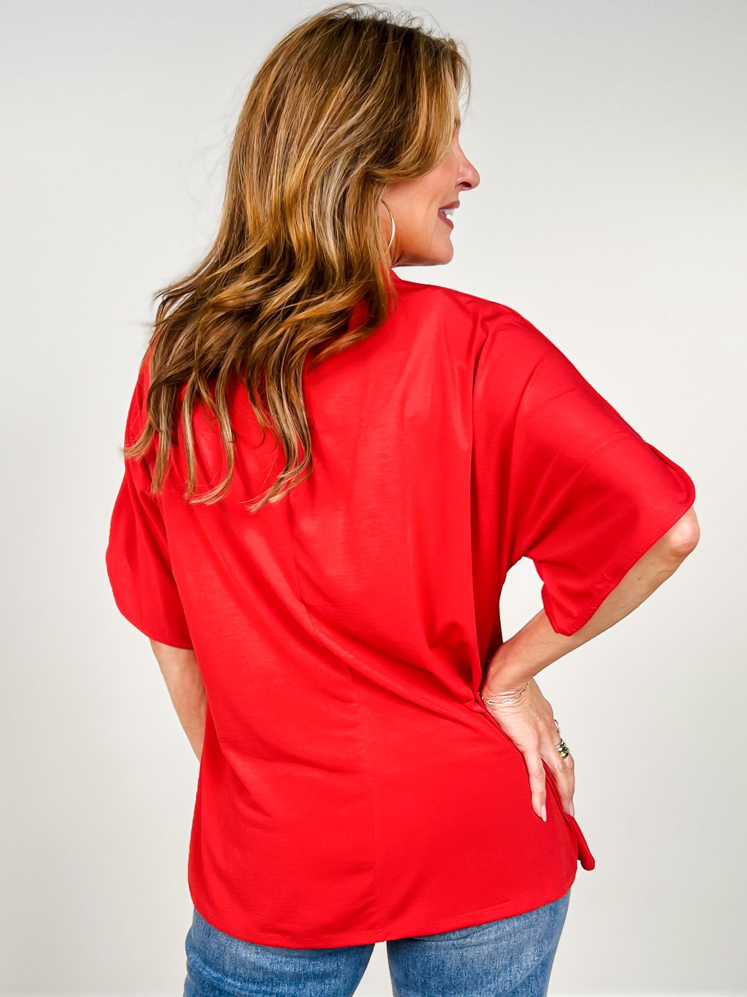 Flared Sleeve Lizzy Breeze Top with Mandarin Collar in Red