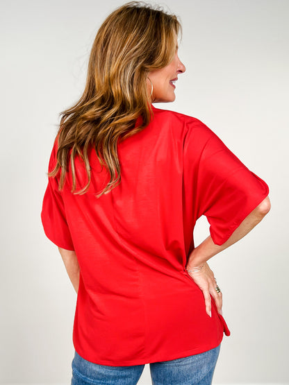 Flared Sleeve Lizzy Breeze Top with Mandarin Collar in Red