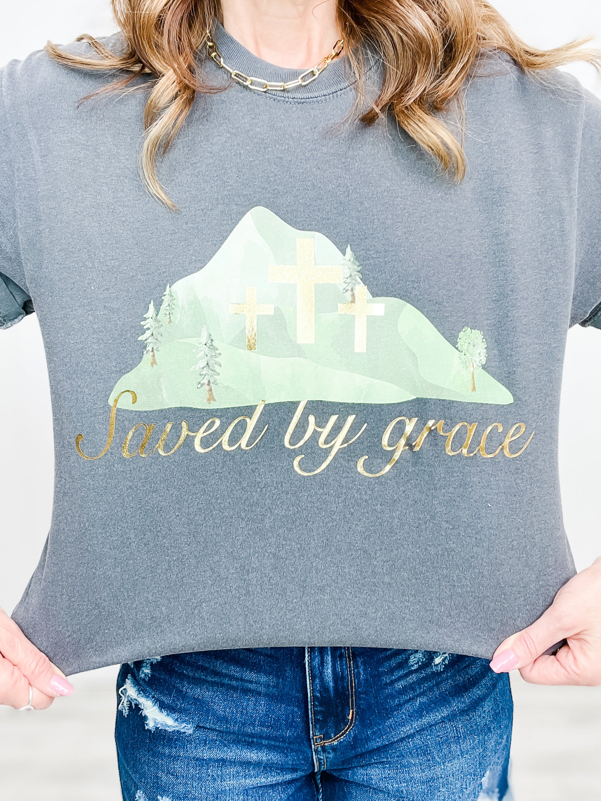 Saved By Grace Gold Foil Graphic Tee