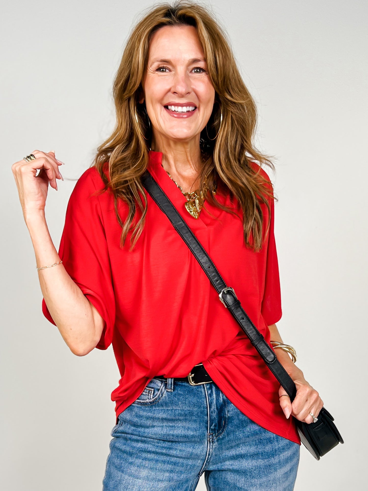 Flared Sleeve Lizzy Breeze Top with Mandarin Collar in Red