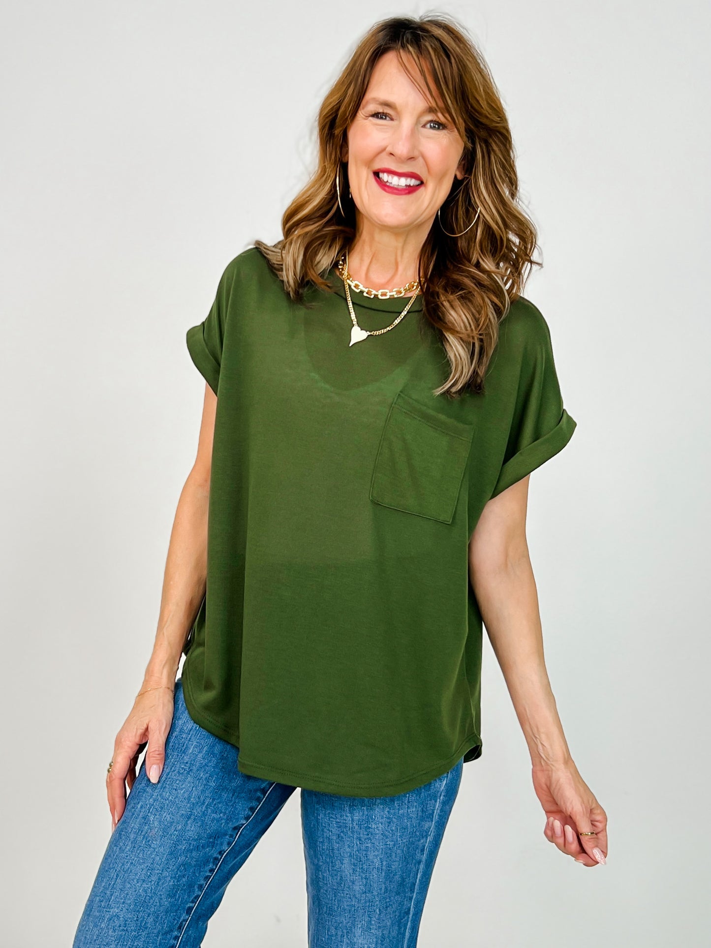 Cuffed Short Sleeve Top With Chest Pocket