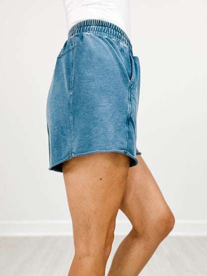 Elastic Waist Mineral Wash Terry Shorts with Side Pockets