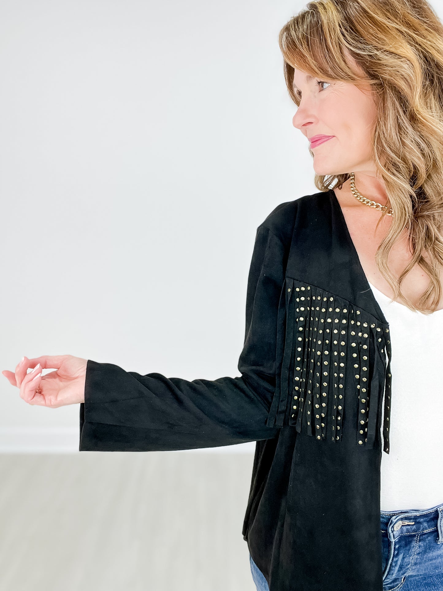 SUEDE NAILHEAD FRINGED JACKET