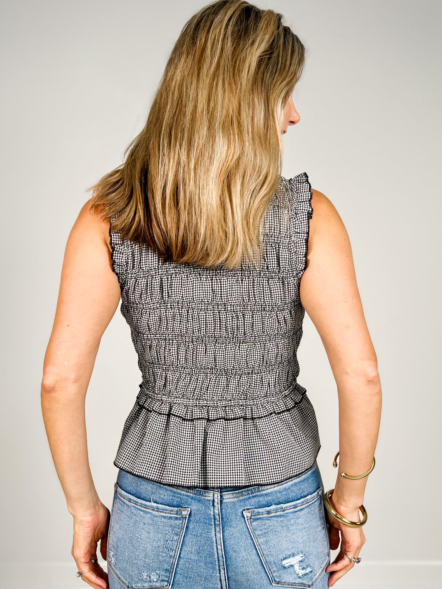 Gingham Smocked Bow Tie Sleeveless Peplum Top