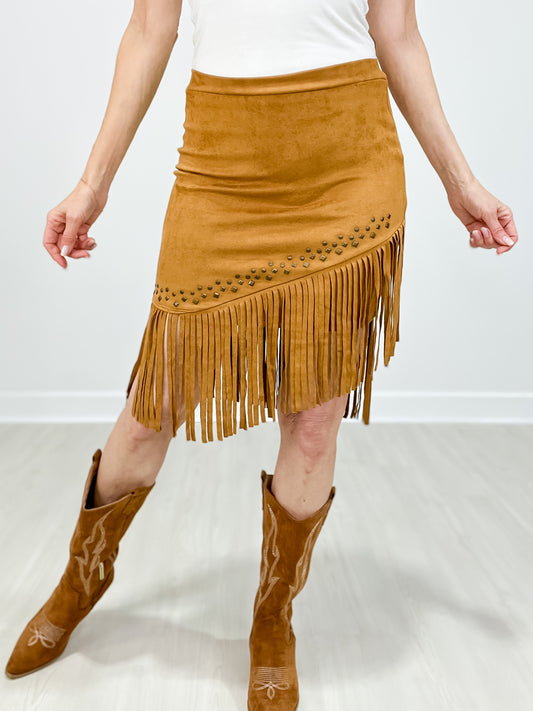 SUEDE FRINGE SKIRT WITH STUDS