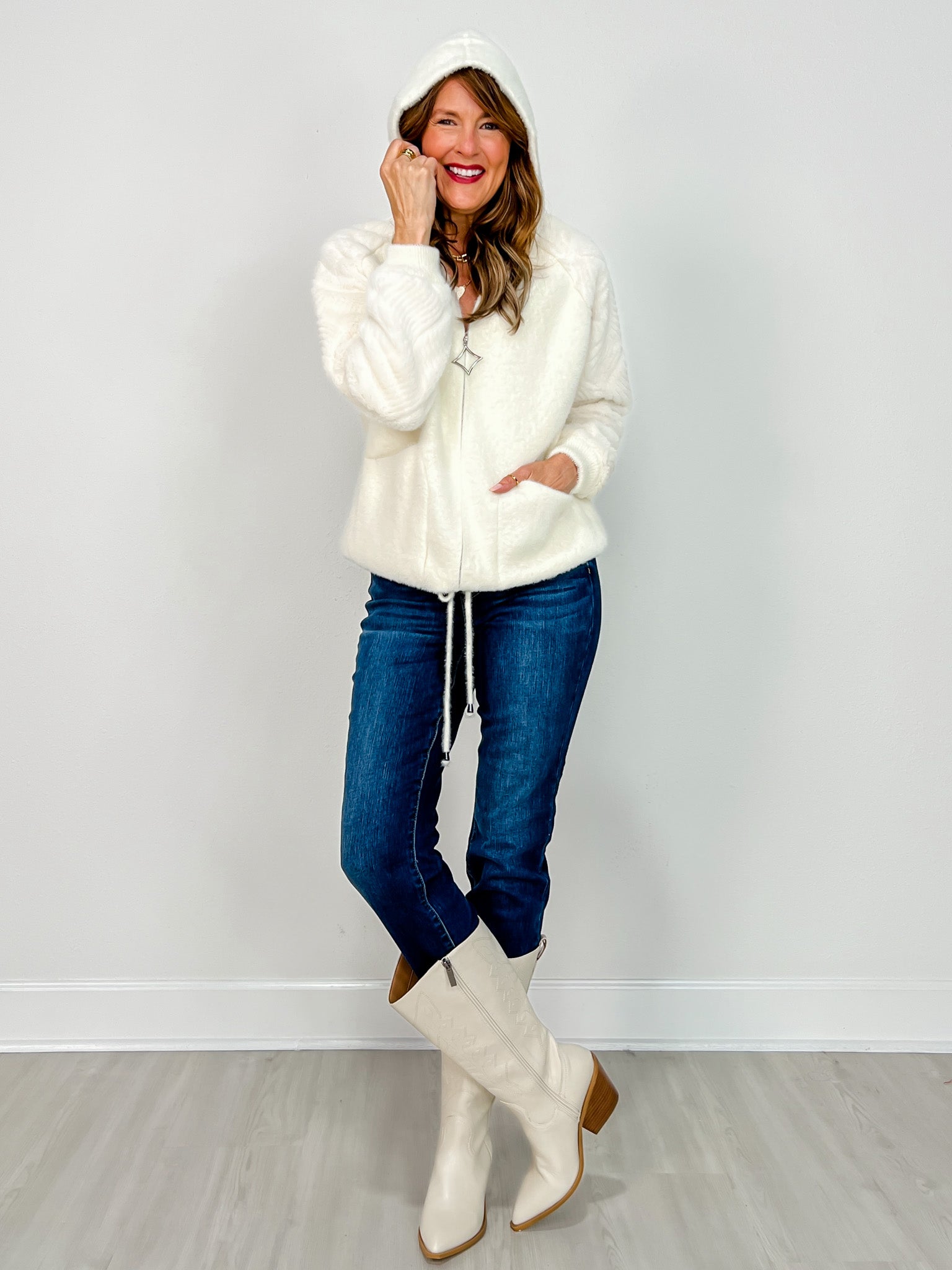Furry Zip Up Hoodie With Pattern Sleeves