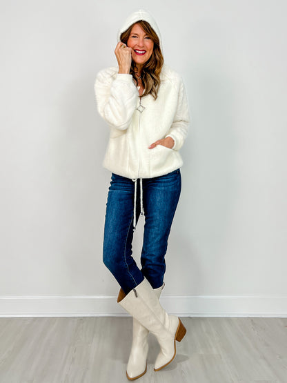 Furry Zip Up Hoodie With Pattern Sleeves