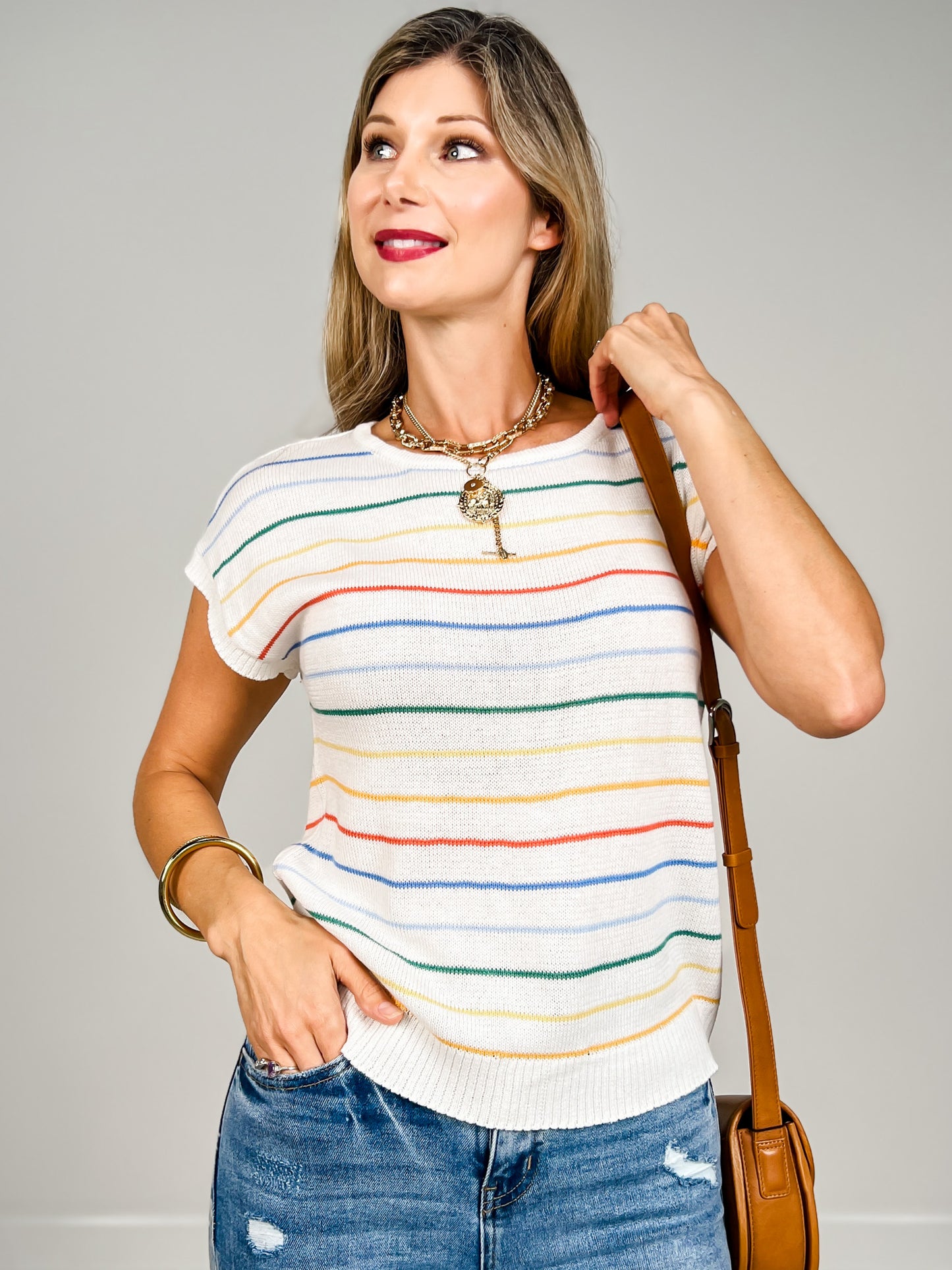 Multi-Color Striped Short Sleeve Pullover Sweater