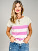 Multi Stripe Wide Crewneck Short Sleeve Sweater Top