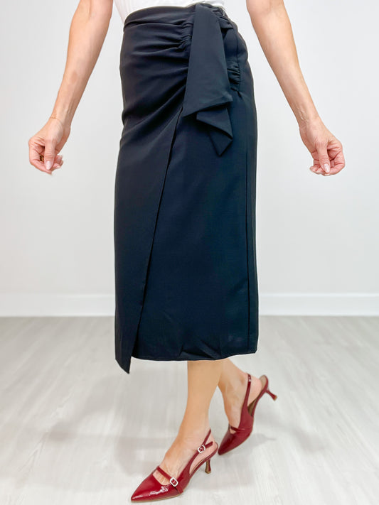 Asymmetric Ruched Front High Waisted Solid Woven Skirt